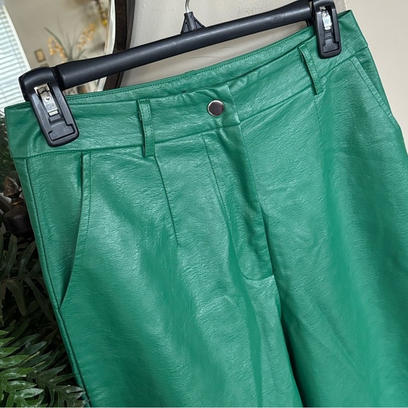 Princess Polly Ashlea Faux Leather Pants Green Mid Rise Light Flare Trousers - Picture 8 of 16